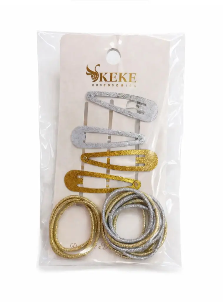 SET PRENSAS CON COLAS PARA NIÑA DORADO BLANCO KEKE