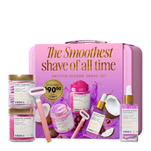 KIT DE AFEITADO TRULY 4 PCS + REPUESTO + CAJA METALICA BEAUTY THE SMOOTHEST SHAVE OF ALL TIME 